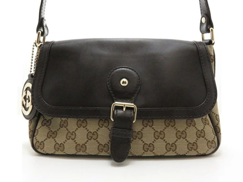 Gucci bag shoulder GG canvas calfskin dark brown Beige Cream